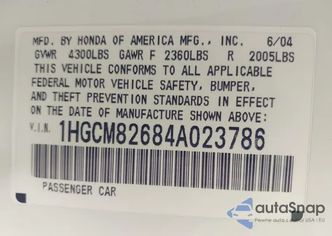 2004 Honda Accord 3.0 Ex из США, поврежденный, VIN 1HGCM82684A023786